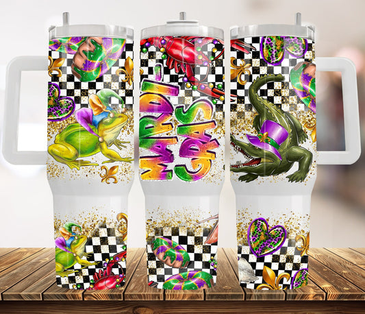 40 oz Mardi Gras Tumbler - Purple/Green check